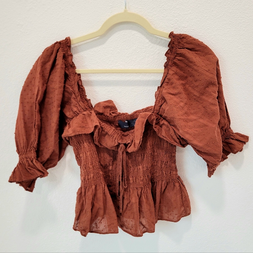 Indigo Rising Rust Swiss Dot Peasant Blouse Cropped Puff Sleeve Women’s‎ L